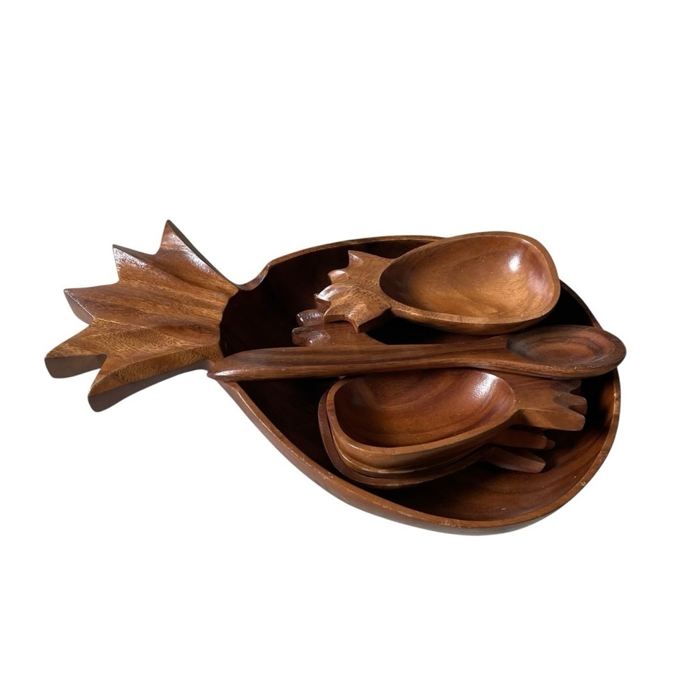 Vintage Handmade Monkey Pod Wooden Pineapple-Shaped Serving Bowl Set